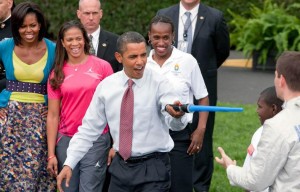 President Barack Obama with First Lady Michelle and Chicago Mayor Richard M. Daly at the US Olympian Youth Sporting event on the South Lawn of the White House in Washington, Wednesday, Sept. 16, 2009. (Official White House Photo by Chuck Kennedy)